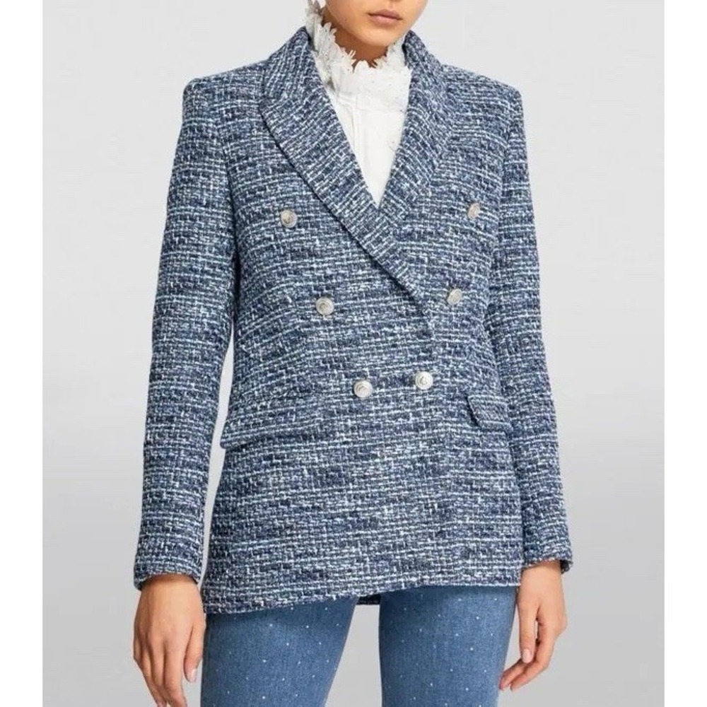 MAJE Womens Tweed Volly Double Breasted Blazer Blue Silver Size 36 Chic Preppy